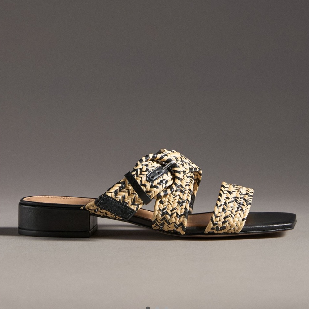Anthropologie Raffia Buckle Sandals 7 - 7.5 EU 38 Natural/ Black NEW in box